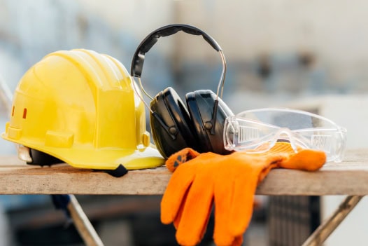 Um capacete amarelo, luvas e proteção auricular sobre uma mesa.